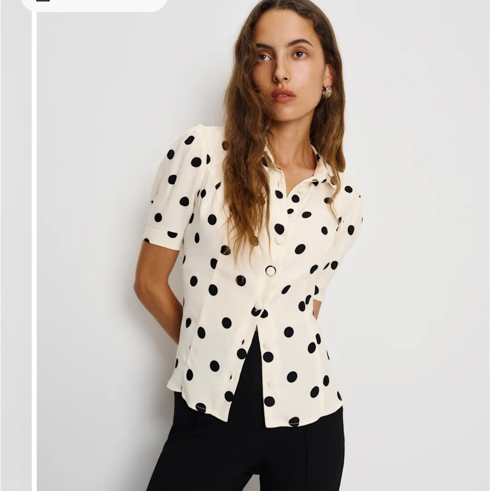 Reformation Cream Polka Dot Button-Down Shirt with Black Dots